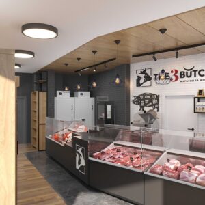 Клиентска зона, линия витрини Интериорен дизайн на магазин за месо THE3BUTCHERS